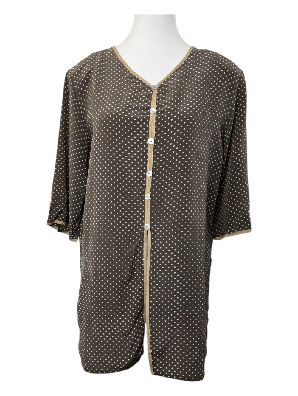 Vintage Tangy Silk Blouse Olive Green Polka Dot V Neck Short Sleeve Top Sz L